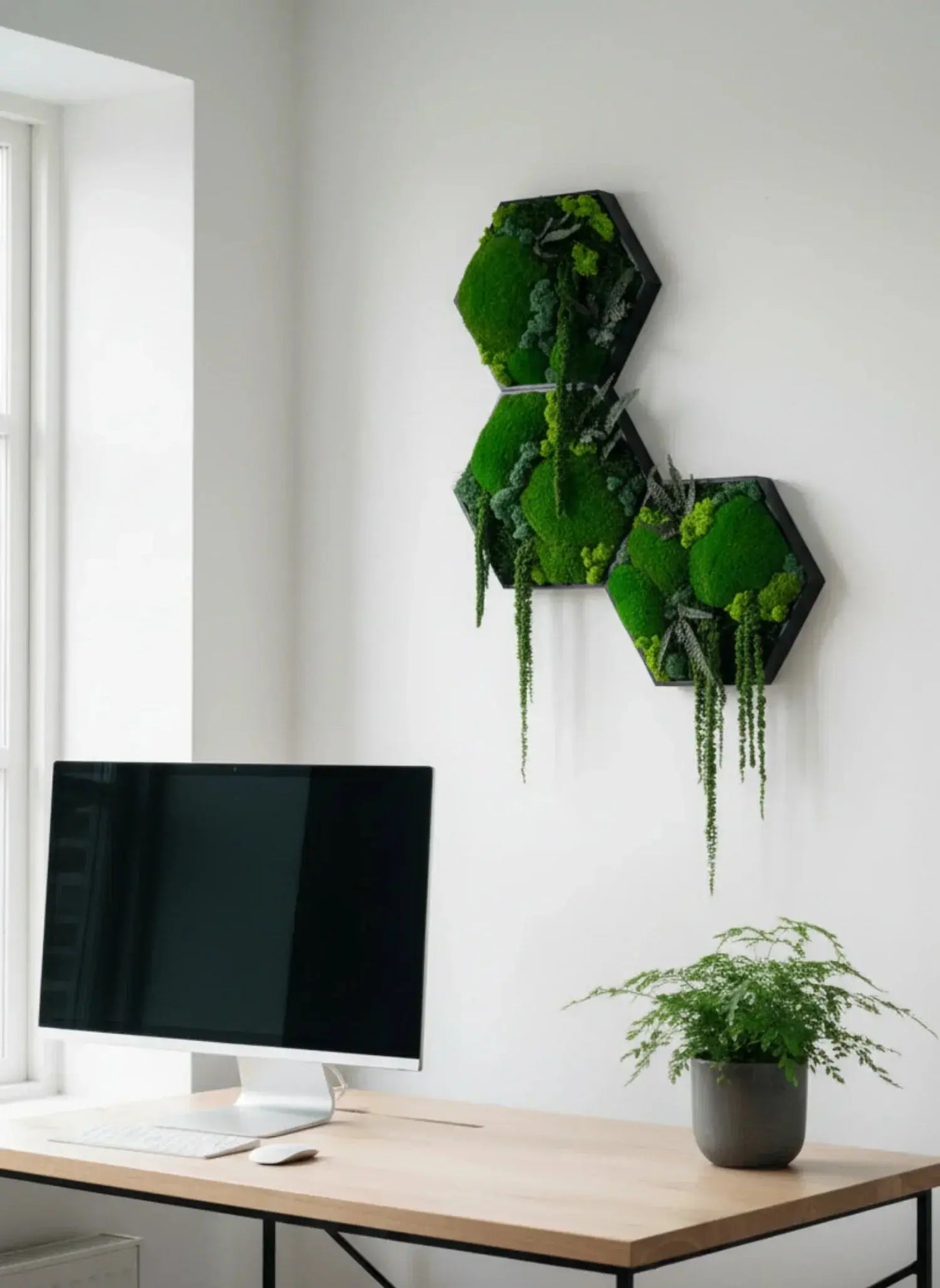 Hexagon Set an Büro Wand kreativ erweiterbar mit Farn und Amarant