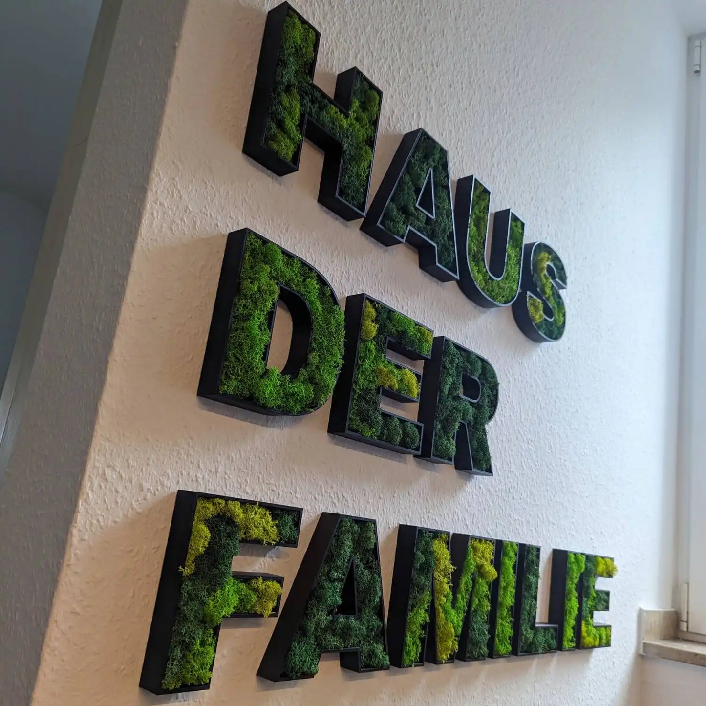 Buchstaben gefüllt mit Islandmoos in 2 Verschiedenen Moosfarben als Schriftzug " HAUS DER FAMILIE "