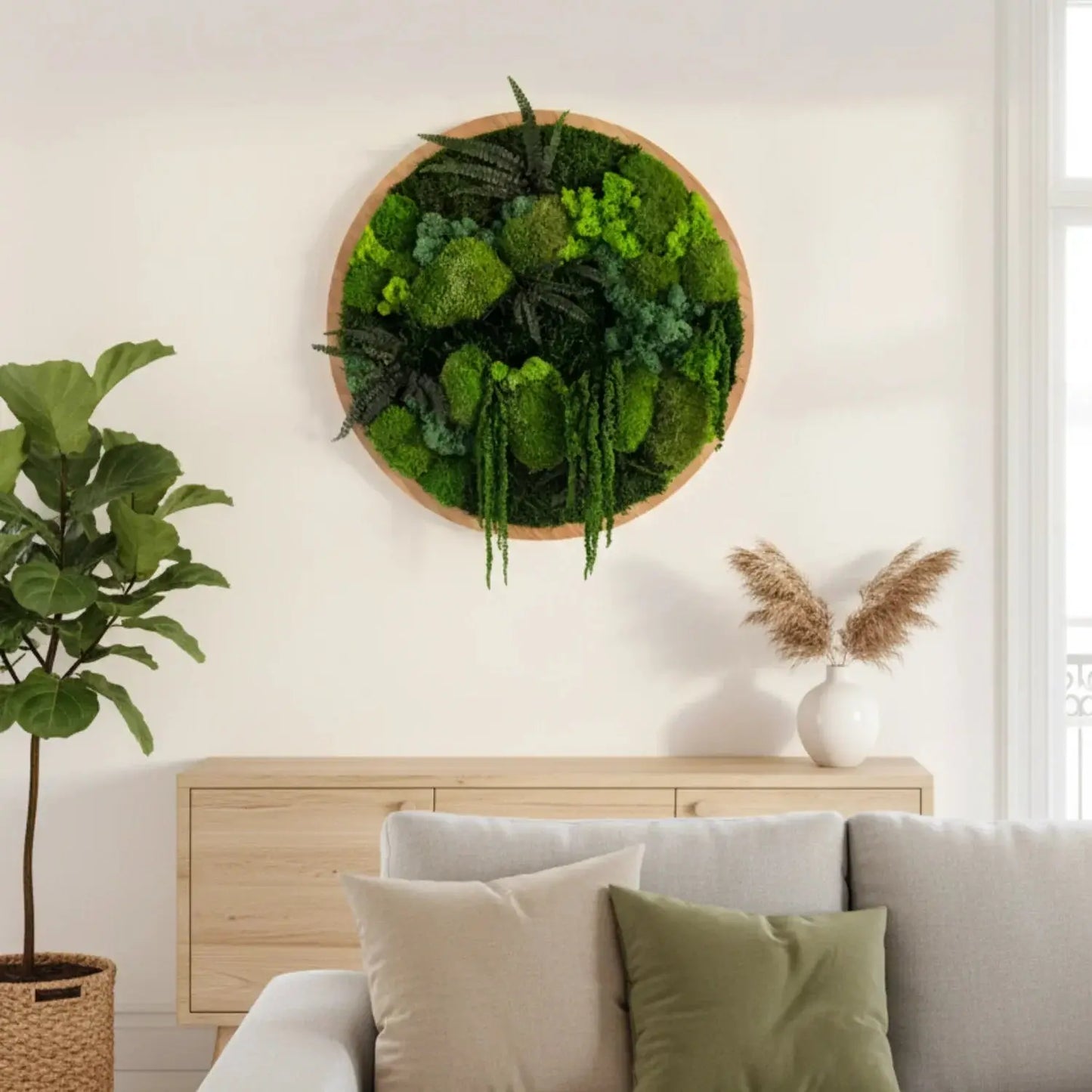 Moosbild in Wohnzimmer, pflegeleichte Wanddekoration für dein Büro oder Praxis