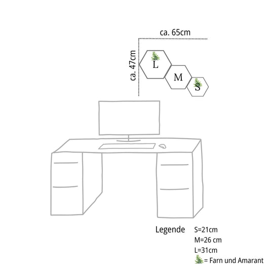 3-teiliges Moosbild Set Hexagon über einem Schreibtisch – Kompakte Wanddekoration für das Home-Office von MoosSchmiede.