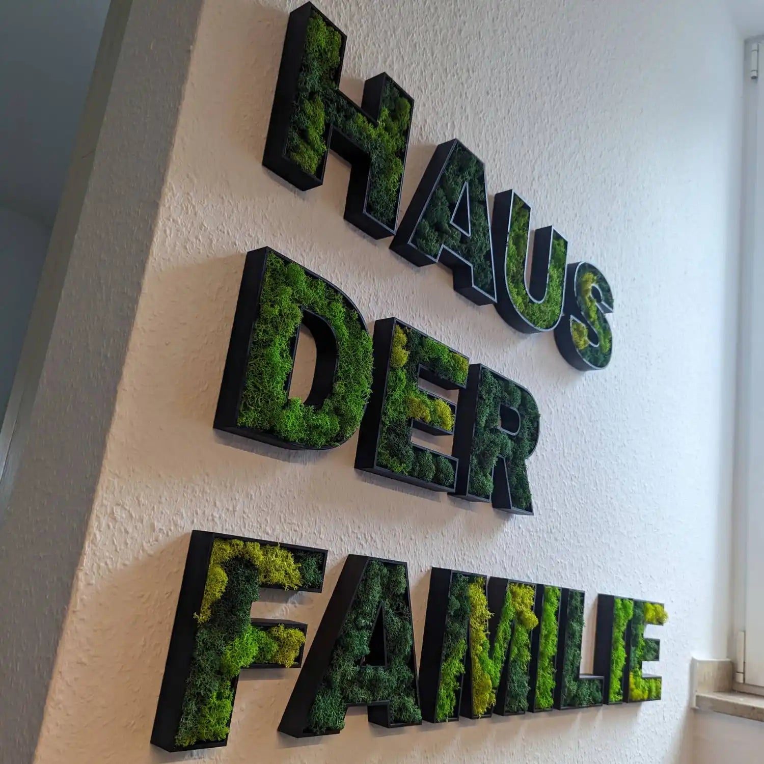 Buchstaben gefüllt mit Islandmoos in 2 Verschiedenen Moosfarben als Schriftzug " HAUS DER FAMILIE "
