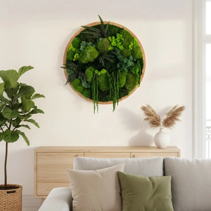 Moosbild in Wohnzimmer, pflegeleichte Wanddekoration für dein Büro oder Praxis