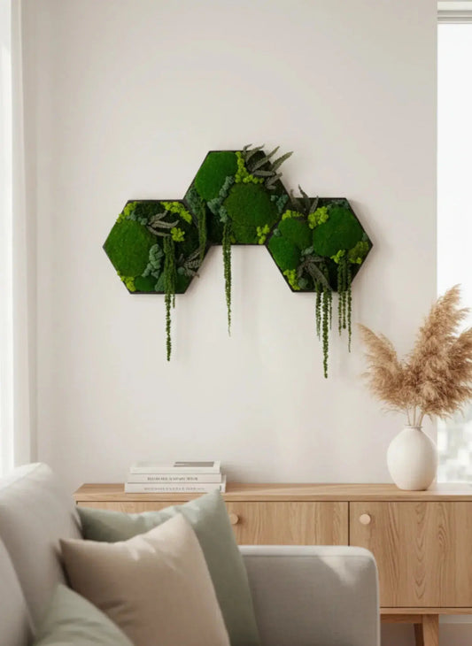 Hexagon Moosbilder Set an Wohnwand, handgefertigte Moosbilder