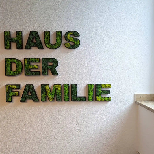 Islandmoos Schriftzug in 3d Druck Buchstaben als Beispiel " Haus der Familie"