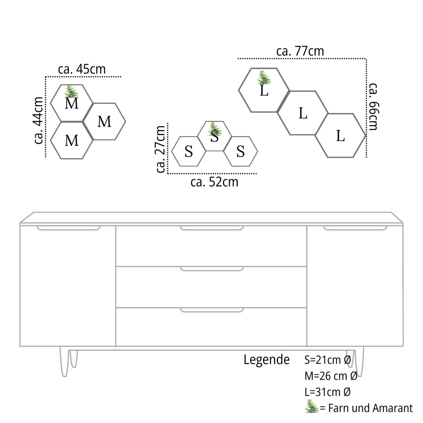 9-teiliges Moosbild Set Hexagon Mix aus S, M und L in 3er-Gruppen über einem großen Sideboard – Exklusive Wandgestaltung handgefertigt von MoosSchmiede.