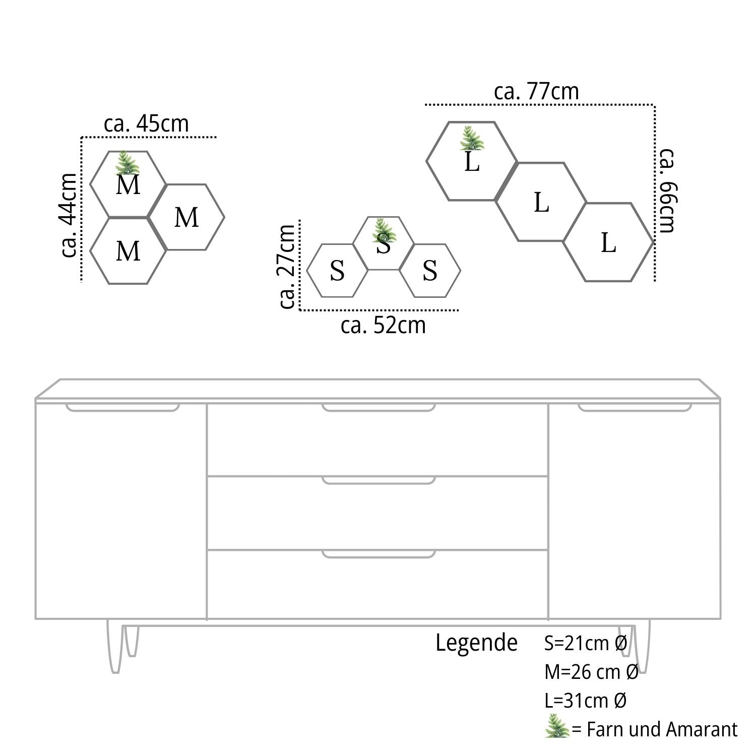 9-teiliges Moosbild Set Hexagon Mix aus S, M und L in 3er-Gruppen über einem großen Sideboard – Exklusive Wandgestaltung handgefertigt von MoosSchmiede.