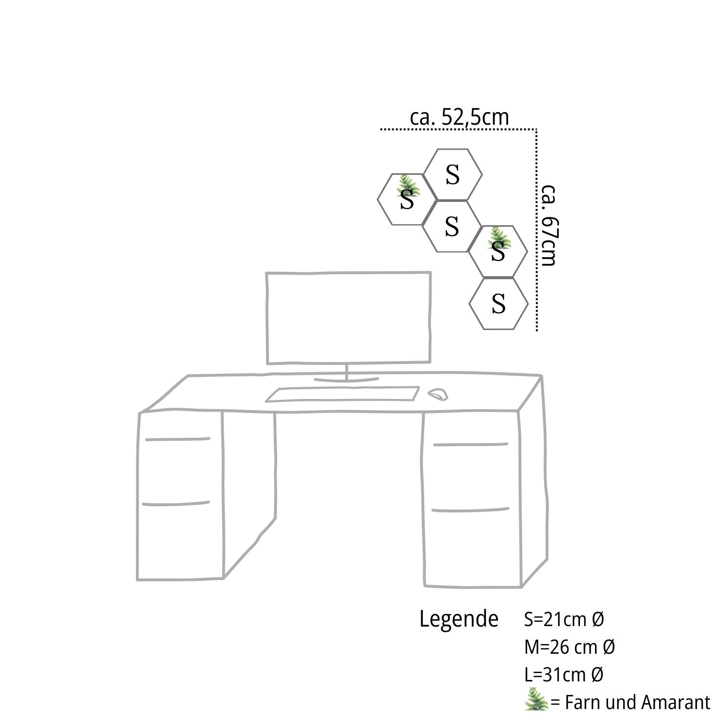 5-teiliges Moosbild Set Hexagon Größe S in waagerechter Anordnung über einem Schreibtisch – Moderne Wanddekoration für das Büro von MoosSchmiede.
