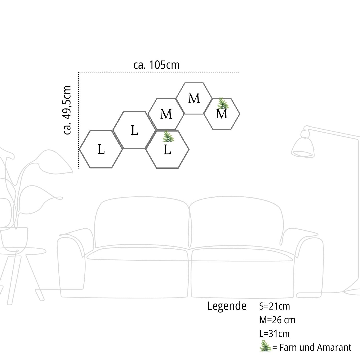 Planungsskizze für Moosbild Set Hexagon 6-teilig über einem Sofa – Wanddekoration aus echtem Moos in verschiedenen Größen von MoosSchmiede.