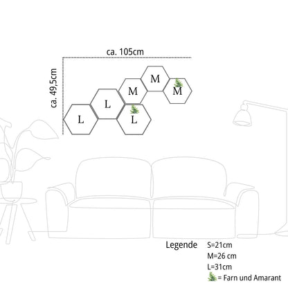 Planungsskizze für Moosbild Set Hexagon 6-teilig über einem Sofa – Wanddekoration aus echtem Moos in verschiedenen Größen von MoosSchmiede.