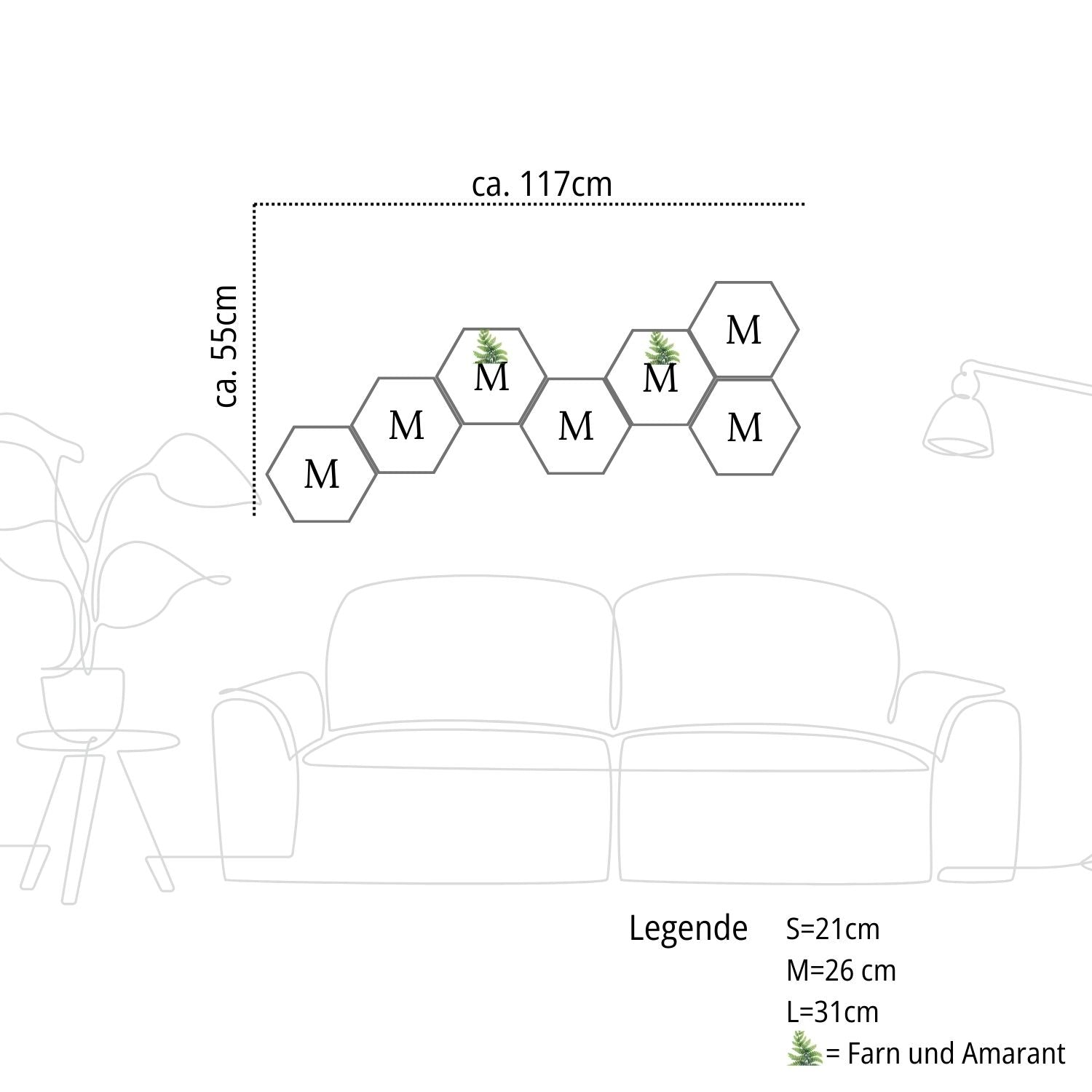 Symmetrisches 7-teiliges Moosbild Set Hexagon in Waben-Optik über einem Sofa – Moderne Natur-Wanddekoration handgefertigt von MoosSchmiede.