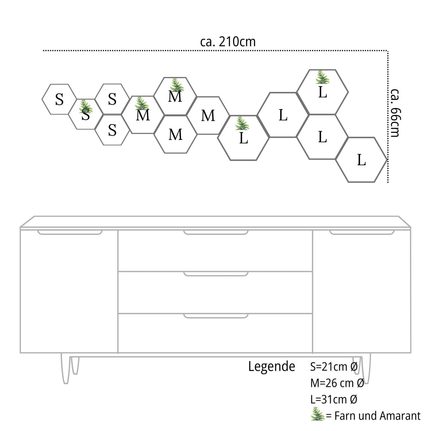 Großes 13-teiliges Moosbild Set Hexagon über einem Sideboard – Exklusive Wandgestaltung aus echtem Moos für große Räume von MoosSchmiede.