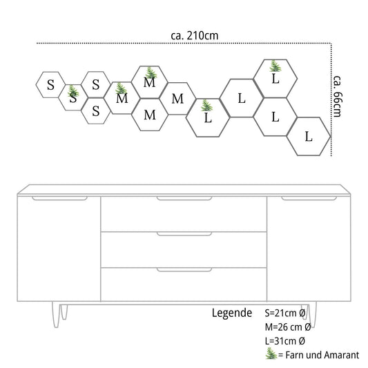 Großes 13-teiliges Moosbild Set Hexagon über einem Sideboard – Exklusive Wandgestaltung aus echtem Moos für große Räume von MoosSchmiede.