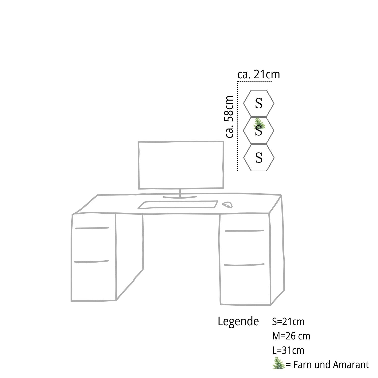 3-teiliges Moosbild Set Hexagon S in diagonaler Anordnung über einem Schreibtisch-Setup – Kompakte Natur-Wanddeko fürs Home-Office von MoosSchmiede.