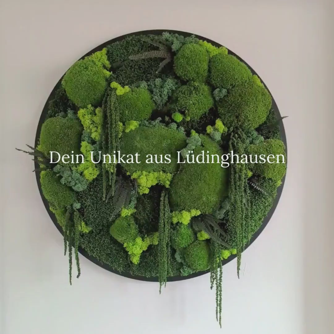 Handgefertigtes Moosbild rund 70 cm im schwarzen Rahmen – echte, pflegeleichte Wanddeko aus konserviertem Moos von MoosSchmiede.